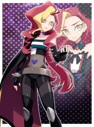 Rule 34 | absurdres, aged down, black cape, black dress, black gloves, black nails, black pants, black shirt, blonde hair, bracelet, brooch, cape, capelet, closed mouth, commentary, detached collar, dress, elbow gloves, empress undergu, fingerless gloves, frown, gloves, highres, hirogaru sky! precure, jewelry, long hair, looking to the side, makeup, mascara, multicolored hair, navel, pants, precure, red capelet, red hair, shirt, spiked bracelet, spikes, standing, strapless, strapless dress, two-sided cape, two-sided fabric, two-tone hair, usoco, very long hair, yellow eyes