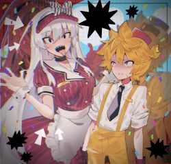 1boy 1girl apron blonde_hair cami_arriaga_c crazy_eyes dress gloves highres kagamine_len mesmerizer_(vocaloid) pants red_gloves sharp_teeth short_ponytail spiked_hair sukone_tei teeth utau visor_cap vocaloid waitress white_apron yellow_pants