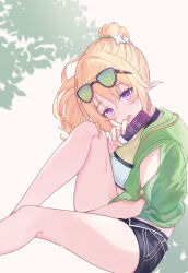 Rule 34 | 1girl, bikini, bikini under clothes, blonde hair, blush, chloe (princess connect!), chloe (winter) (princess connect!), eyewear on head, fusaba mi, highres, jacket, leg up, long hair, looking at viewer, looking to the side, official alternate costume, official alternate hairstyle, open clothes, open jacket, open mouth, pointy ears, ponytail, princess connect!, purple eyes, shorts, sitting, solo, sweat, swimsuit, tree shade, white bikini