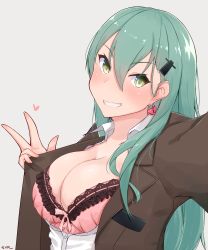 Rule 34 | 10s, 1girl, :d, blush, bra, breasts, brown jacket, buttons, cleavage, collared shirt, earrings, eyebrows, fingernails, green eyes, green hair, grey background, grin, hair between eyes, hair ornament, hair over shoulder, hairclip, hand gesture, head tilt, heart, heart-shaped lock, heart earrings, highres, jacket, jewelry, kantai collection, large breasts, lock, lock earrings, long hair, long sleeves, matching hair/eyes, miyano yuki, open clothes, open jacket, open mouth, open shirt, outstretched arm, pink bra, reaching, reaching towards viewer, selfie, shirt, signature, simple background, smile, solo, suzuya (kancolle), teeth, tsurime, underwear, upper body, v, white shirt, wing collar