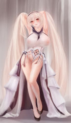 Rule 34 | 1girl, absurdres, acroyali, armpits, arms behind head, azur lane, black footwear, black neckwear, black sailor collar, bow, dress bow, breasts, clothing cutout, covered erect nipples, dress, dress bow, dress flower, feather dress, formidable (timeless classics) (azur lane), full body, highres, huge breasts, long dress, long hair, navel cutout, no panties, official alternate costume, platinum blonde hair, red eyes, sailor collar, sleeveless, sleeveless dress, solo, twintails, two-tone dress, two-tone ribbon, veil, very long hair, white dress