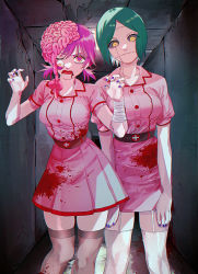 Rule 34 | 2girls, 4chi, belt, blood, blood splatter, brain, breasts, chainsaw man, colored sclera, cosmo (chainsaw man), feet out of frame, green eyes, grey legwear, grey sclera, hands up, heart, heart-shaped pupils, highres, large breasts, multiple girls, nail polish, open mouth, pink hair, pink shirt, pink skirt, pleated skirt, purple nails, scarf, shirt, short sleeves, skirt, symbol-shaped pupils, thighhighs, tsugihagi (chainsaw man), white legwear, yellow eyes