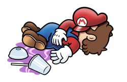 Rule 34 | 1boy, blue overalls, brown footwear, brown hair, commentary, cup, disposable cup, doc shoddy, drinking straw, english commentary, family guy death pose (meme), full body, gloves, grimace shake (meme), hat, lid, long sleeves, lying, male focus, mario, mario (series), meme, nintendo, overalls, purple liquid, red hat, red shirt, shirt, shoes, short hair, simple background, solo, sonic (series), spill, unworn headwear, white background, white gloves