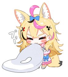Rule 34 | 1girl, ahoge, alternate costume, animal ear fluff, animal ears, black hair, blonde hair, blowing, blue bow, bow, chibi, closed eyes, closed mouth, fox ears, fox girl, fox tail, full body, hair bow, hair ornament, hands up, highres, holding, holding swim ring, hololive, inflating, innertube, kou mashiro, long hair, multicolored hair, omaru polka, pink hair, sidelocks, simple background, solo, sound effects, standing, streaked hair, swim ring, swimsuit, tail, v-shaped eyebrows, virtual youtuber, white background, x hair ornament