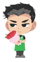 Rule 34 | 1boy, ao isami, apron, big head, black hair, black shirt, bonjore bonbon, bouquet, character name, chibi, flower, frown, green apron, grey footwear, grey pants, highres, holding, holding bouquet, looking at viewer, looking to the side, male focus, pants, shirt, short hair, simple background, solo, standing, thick eyebrows, v-shaped eyebrows, white background, yuuki bakuhatsu bang bravern