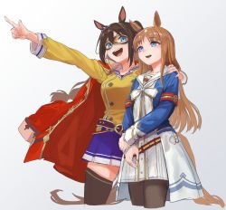 Rule 34 | 2girls, animal ears, armband, belt, benikirin, blue eyes, breasts, brown hair, brown legwear, buttons, coat, coat on shoulders, cropped legs, domino mask, double-breasted, dress, el condor pasa (umamusume), grass wonder (umamusume), grey background, hand on another&#039;s shoulder, highres, holding own arm, horse ears, horse girl, horse tail, jacket, long sleeves, mask, medium breasts, multiple girls, open mouth, pantyhose, pointing, purple skirt, red coat, skirt, small breasts, smile, tail, thighhighs, umamusume, white dress, yellow jacket