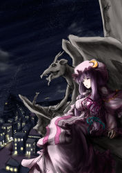 Rule 34 | 1girl, bad id, bad pixiv id, bat wings, blush, breasts, city, crescent, dress, female focus, gargoyle, hat, highres, inaba-usagi, inaba usagi (rabbit works), long hair, night, night sky, open mouth, patchouli knowledge, purple eyes, purple hair, ribbon, sitting, sky, solo, star (sky), statue, touhou, wings