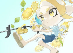 Rule 34 | 1girl, a a2001214, blonde hair, blue background, blue shirt, blue shorts, commentary request, e-liter 4k (splatoon), eyelashes, food, fruit, full body, gradient background, gun, highres, holding, holding gun, holding weapon, lemon, lemon slice, medium hair, mint, nintendo, octoling, octoling girl, octoling player character, open mouth, parted lips, sandals, shirt, shorts, simple background, solo, splatoon (series), splatoon 2, tentacle hair, water, weapon, yellow eyes
