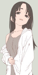 Rule 34 | 1girl, absurdres, black eyes, black hair, breasts, collarbone, commentary request, grey background, grey tank top, highres, hood, hood down, hooded jacket, jacket, long hair, long sleeves, looking at viewer, off shoulder, open clothes, open jacket, original, parted bangs, parted lips, puffy long sleeves, puffy sleeves, short eyebrows, simple background, sleeves past wrists, small breasts, solo, tank top, thick eyebrows, white jacket, yamamoto souichirou