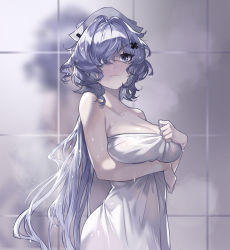 Rule 34 | 1girl, arknights, bare shoulders, blush, breast hold, breasts, chinese commentary, cleavage, closed mouth, cowboy shot, eyepatch, hair between eyes, hair over one eye, hat, highres, light purple hair, long hair, looking at viewer, medical eyepatch, medium breasts, naked towel, nurse cap, purple eyes, shower (place), solo, tile wall, tiles, towel, wavy hair, wet, wet hair, whisperain (arknights), white hat, yuja tea