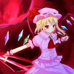 Rule 34 | 1girl, ascot, bad id, bad pixiv id, blonde hair, cosplay, crystal, denu, female focus, flandre scarlet, hat, moon, polearm, puffy sleeves, red moon, remilia scarlet, remilia scarlet (cosplay), short hair, short sleeves, side ponytail, smile, solo, spear, spear the gungnir, touhou, weapon, wings, wrist cuffs