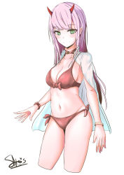 Rule 34 | absurdres, bikini, breasts, cleavage, cropped legs, darling in the franxx, front-tie bikini top, front-tie top, green eyes, highres, horns, large breasts, navel, pink hair, red eyes, sato art, scrunchie, side-tie bikini bottom, side-tie bottom, simple background, smile, solo, strap gap, swimsuit, thighs, white background, wrist scrunchie, zero two (darling in the franxx)