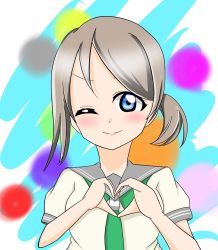 Rule 34 | 1girl, ;), alternate hairstyle, aqua eyes, artist name, artist request, blue eyes, blush, breasts, brown hair, collarbone, collared shirt, female focus, green neckwear, grey hair, grey sailor collar, hair between eyes, heart, heart hands, highres, light brown hair, looking at viewer, love live!, love live! sunshine!!, neckerchief, necktie, one eye closed, ponytail, sailor collar, school uniform, shirt, short hair, short sleeves, side ponytail, small breasts, smile, solo, tie clip, upper body, uranohoshi school uniform, watanabe you, white shirt