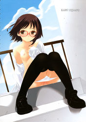 Rule 34 | 1girl, blush, breasts, brown eyes, brown hair, glasses, highres, large breasts, open clothes, open shirt, otomo megane, panties, panty pull, pussy juice, shirt, short hair, solo, stairs, thighhighs, underwear, wind