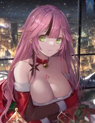 Rule 34 | 1girl, absurdres, artist name, bell, breasts, choker, christmas, do2mi doreimi, dress, gloves, green eyes, highres, lan (tower of fantasy), large breasts, long hair, long sleeves, looking at viewer, multicolored hair, neck bell, off-shoulder dress, off shoulder, pink hair, red choker, red dress, red gloves, solo, streaked hair, tower of fantasy, upper body, very long hair, window