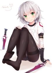 Rule 34 | 1girl, :3, artist name, bandaged arm, bandages, black gloves, black pantyhose, blush, buruma, cat, closed mouth, crossed bangs, dagger, dual wielding, facial scar, fate/apocrypha, fate (series), feet, fingerless gloves, gloves, green eyes, gym uniform, highres, holding, jack the ripper (fate/apocrypha), knees up, knife, looking at viewer, nahaki, name tag, no shoes, pantyhose, pantyhose under buruma, scar, scar across eye, scar on cheek, scar on face, short hair, short sleeves, signature, silver hair, simple background, sin-poi, sitting, smile, solo, thighband pantyhose, thighs, toes, underwear, weapon, white background, | |