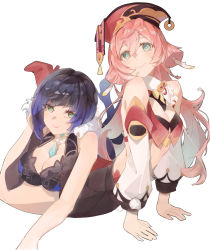 Rule 34 | 2girls, arm support, bare shoulders, black hair, blue hair, breasts, cleavage, commentary request, crop top, detached sleeves, genshin impact, gradient hair, green eyes, hair between eyes, highres, large breasts, long hair, long sleeves, looking at viewer, midriff, multicolored hair, multiple girls, pink hair, red headwear, short hair, simple background, sleeveless, small breasts, smile, stomach, themoonstarsandyou, very long hair, white background, yanfei (genshin impact), yelan (genshin impact)