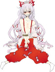 Rule 34 | 1girl, absurdres, bad id, bad pixiv id, bare shoulders, blood, bow, breasts, collarbone, dress shirt, female focus, fujiwara no mokou, gagged, hair bow, highres, long hair, long sleeves, menstruation, nipples, off shoulder, open clothes, open pants, open shirt, pants, red eyes, saliva, shirt, sketch, small breasts, solo, suspenders, tabi, tears, touhou, very long hair, defloration, white hair, yutsumoe