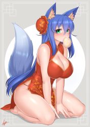 Rule 34 | 1girl, animal ear fluff, animal ears, baozi, blue hair, blush, breasts, bun cover, china dress, chinese clothes, cleavage, cleavage cutout, clothing cutout, dress, floral print, food, fox ears, fox girl, fox tail, full body, fuyubare kiyo, gold trim, green eyes, grey background, hair between eyes, hair bun, kneeling, kyu (wein-seria), large breasts, long hair, looking at viewer, looking to the side, mouth hold, original, pelvic curtain, red dress, side slit, signature, sleeveless, sleeveless dress, solo, tail, thighs, very long hair