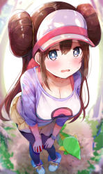 Rule 34 | 1girl, absurdres, bent over, black pantyhose, blue eyes, blue footwear, blurry, blush, breasts, brown hair, cleavage, collarbone, creatures (company), depth of field, double bun, from above, game freak, gen 5 pokemon, hair between eyes, hair bun, hand on own knee, highres, holding, large breasts, long hair, long sleeves, looking at viewer, multicolored shirt, nintendo, open mouth, outdoors, pantyhose, pantyhose under shorts, poke ball, poke ball (basic), pokemon, pokemon (creature), pokemon bw2, rosa (pokemon), rouka (akatyann), shoelaces, shoes, shorts, snivy, sunlight, sweat, sweatdrop, visor cap, watch, water drop, wristwatch, yellow shorts
