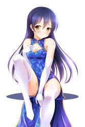 Rule 34 | 10s, 1girl, between legs, blue background, blue dress, blue hair, blush, breasts, china dress, chinese clothes, cleavage, cleavage cutout, closed mouth, clothing cutout, dress, elbow gloves, gloves, hair between eyes, hand between legs, head tilt, highres, long hair, love live!, love live! school idol festival, love live! school idol project, no shoes, pelvic curtain, simple background, sitting, sleeveless, sleeveless dress, small breasts, smile, solo, sonoda umi, thighhighs, white background, white gloves, white thighhighs, yagami-all hail nanao, yellow eyes