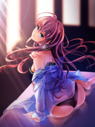 Rule 34 | 10s, 1girl, arm support, ass, barefoot, black bra, black panties, blue eyes, bra, breasts, brown hair, closed mouth, earrings, hand on own shoulder, ichinose shiki, idolmaster, idolmaster cinderella girls, indoors, jewelry, lens flare, long hair, long sleeves, looking at viewer, loose clothes, no pants, off shoulder, open clothes, open shirt, panties, saojou, school uniform, shirt, sitting, sleeves past wrists, smile, solo, sunlight, underwear