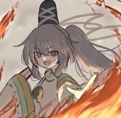 Rule 34 | 1girl, :d, black hat, commentary request, fire, grey background, grey eyes, grey hair, hat, highres, long hair, long sleeves, looking at viewer, mononobe no futo, ofuda, open mouth, pipita, pom pom (clothes), ponytail, ribbon-trimmed sleeves, ribbon trim, smile, solo, tate eboshi, touhou, upper body, v-shaped eyebrows, wide sleeves