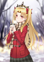 Rule 34 | 1girl, bad id, bad pixiv id, bare tree, blonde hair, blurry, blurry background, blush, bow, breasts, breath, brown scarf, closed mouth, coat, cowboy shot, cup, day, depth of field, disposable cup, duffel coat, ereshkigal (fate), fate/grand order, fate (series), forehead, fringe trim, grey skirt, hair bow, highres, holding, holding cup, long hair, long sleeves, luobo (nsnr8754), outdoors, parted bangs, plaid, plaid scarf, plaid skirt, pleated skirt, red bow, red coat, red eyes, scarf, skirt, snow, snow on head, snowing, solo, tears, tiara, tree, two-handed, two side up, winter