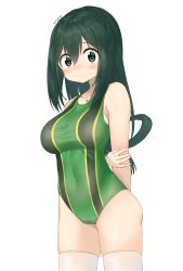 Rule 34 | 1girl, absurdres, adapted costume, asui tsuyu, black eyes, black hair, blush, boku no hero academia, breasts, collarbone, commentary request, cowboy shot, dohyuni818, from side, green hair, green one-piece swimsuit, hair between eyes, hair rings, highres, long hair, looking at viewer, low-tied long hair, one-piece swimsuit, parted bangs, simple background, solo, standing, swimsuit, thighhighs, thighs, wavy mouth, white background, white thighhighs
