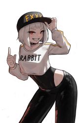 Rule 34 | 1girl, arc2urus, baseball cap, black hat, black leotard, black pants, crop top, grin, half-closed eyes, hat, highres, holding, holding clothes, holding hat, leaning forward, leotard, leotard under clothes, long sleeves, looking at viewer, myo (project moon), official alternate costume, pants, parted lips, pointing, pointing up, project moon, red eyes, shirt, short hair, smile, solo, striped, teeth, white hair, white shirt