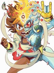 Rule 34 | 1girl, absurdres, ajna (indivisible), alternate form, blood, bloody tears, blue skin, bracelet, brown eyes, brown hair, clenched hand, colored skin, dark-skinned female, dark skin, dual persona, fangs, fire, heruka (indivisible), heterochromia, highres, indivisible, jewelry, luke valentine (artist), petals, red eyes, tears, third eye, transformation, white background, white hair