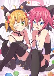 Rule 34 | ;3, absurdres, ahoge, androgynous, animal ears, animal hands, antenna hair, ball, bare shoulders, bell, bell earrings, between legs, black legwear, blonde hair, blue eyes, blush, bow, camisole, cat ears, cat tail, choker, collarbone, curtains, earrings, fake animal ears, fake tail, fang, flat chest, gender request, gloves, green eyes, hair bow, highres, jewelry, jingle bell, kneeling, knees up, looking at viewer, one eye closed, open mouth, original, paw gloves, pink hair, pleated skirt, polka dot, polka dot bow, ribbon choker, short hair, shorts, sitting, skirt, smile, strap slip, tail, takanashi sora (soramyon), thighhighs, v arms, window