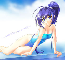 Rule 34 | 00s, 1girl, arm support, bare shoulders, blue eyes, blue hair, breasts, casual one-piece swimsuit, cleavage, female focus, hair intakes, hayase mitsuki, kimi ga nozomu eien, long hair, lying, matching hair/eyes, on side, one-piece swimsuit, outdoors, ponytail, reclining, sky, solo, strapless, strapless one-piece swimsuit, swimsuit, thigh gap, thighs