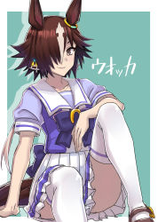 Rule 34 | 1girl, border, bow, bowtie, brown footwear, brown hair, character name, closed mouth, green background, hair over one eye, horse girl, invisible chair, long hair, looking at viewer, minarai, ponytail, purple bow, purple bowtie, purple shirt, sailor collar, school uniform, shirt, short sleeves, sitting, skirt, smile, solo, thighhighs, tracen school uniform, umamusume, vodka (umamusume), white border, white skirt, white thighhighs, yellow eyes