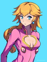 Rule 34 | 1girl, blonde hair, blue background, blue eyes, braid, braided ponytail, breasts, cleavage, clothing cutout, collarbone, corrupted metadata, cosplay, earrings, giorno giovanna, giorno giovanna (cosplay), heart cutout, jacket, jewelry, jojo no kimyou na bouken, long hair, long sleeves, looking at viewer, mario (series), nintendo, open mouth, phiphi-au-thon, pink jacket, ponytail, princess peach, simple background, small breasts, solo, standing, upper body, vento aureo