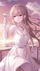 Rule 34 | 1girl, absurdres, arm at side, bare shoulders, bird, breasts, brown hair, choker, clear sky, closed mouth, cloud, collarbone, cowboy shot, cup, dress, fence, hand up, highres, holding, holding cup, labi, long hair, looking at viewer, medium breasts, multicolored sky, ocean, original, outdoors, pink sky, red eyes, sidelocks, sky, smile, solo, standing, sundress, sunset, white choker, white dress, wind, wind lift, wooden fence