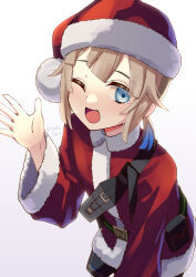 Rule 34 | 1boy, belt, blue eyes, blunt bangs, character request, check character, collared shirt, fanny pack, fate/grand order, fate (series), fur-trimmed sleeves, fur trim, hat, highres, long sleeves, looking at viewer, low ponytail, male focus, marine nemo (fate), nemo (fate), nemo (santa) (fate), one eye closed, open mouth, ponytail, ryofuhiko, santa hat, shirt, short hair, smile, solo, tearing up