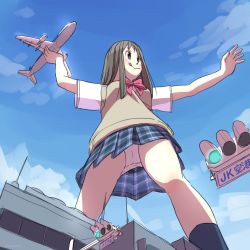 Rule 34 | 1girl, :q, aircraft, airplane, arm up, blouse, blue sky, bow, bowtie, brown eyes, brown hair, brown sweater vest, building, cloud, commentary request, day, feet out of frame, from below, giant, giantess, grey skirt, grey socks, holding, long hair, looking afar, looking away, miniskirt, original, outstretched arm, panties, pantyshot, plaid, plaid skirt, pleated skirt, red bow, red bowtie, school uniform, shapoco, shirt, short sleeves, skirt, sky, smile, socks, solo, standing, straight hair, sweater vest, tongue, tongue out, traffic light, underwear, upskirt, white panties, white shirt