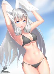 Rule 34 | 1girl, absurdres, annoyed, arms up, artist logo, artist name, bikini, black bikini, blue eyes, blush, breasts, cloud, curly hair, dutch angle, gluteal fold, grey hair, head wings, highres, long hair, looking at viewer, medium breasts, melia antiqua, open mouth, outdoors, side-tie bikini bottom, solo, swimsuit, thigh gap, twitter username, wings, xenoblade chronicles (series), xenoblade chronicles 1, xenoblade chronicles 3, zambonito