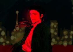 Rule 34 | 1boy, black sky, blurry, bokeh, city lights, closed eyes, collared shirt, colored skin, commentary, depth of field, gin to kin, green jacket, grin, hair slicked back, highres, jacket, limited palette, long hair, low ponytail, male focus, morita tetsuo, night, ninjin, open clothes, open jacket, red shirt, red skin, shirt, sky, smile, solo, striped clothes, striped jacket, tokyo tower, upper body, vertical-striped clothes, vertical-striped jacket