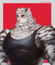 Rule 34 | 1boy, absurdres, animal ears, arknights, bara, black tank top, blush, dryskeleton (drawing jimmy), facial hair, fluffy, furry, furry male, goatee, highres, large pectorals, looking at viewer, male focus, mountain (arknights), muscular, muscular male, nipple slip, nipples, pectoral focus, pectorals, scar, scar across eye, short hair, sidepec, solo, tank top, thick eyebrows, tiger boy, tiger ears, upper body, white hair