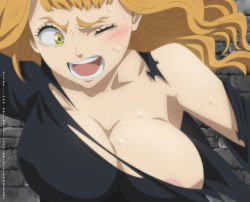 Rule 34 | armpits, black clover, blush, breasts, cleavage, green eyes, huge breasts, large breasts, long hair, mimosa vermillion, nipple slip, nipples, one eye closed, open mouth, orange hair, sweat, teeth, torn clothes, yellow eyes