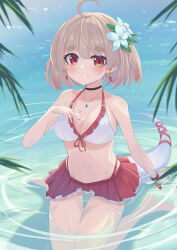 Rule 34 | 1girl, absurdres, ahoge, bare arms, bare legs, bare shoulders, barefoot, bikini, bikini skirt, black choker, blonde hair, blurry, blurry foreground, blush, breasts, choker, cleavage, collarbone, day, eyelashes, flower, frilled bikini, frills, front-tie bikini top, front-tie top, gradient hair, hair between eyes, hair flower, hair ornament, halterneck, hand up, highres, jewelry, layered skirt, long (haruki-7), looking at viewer, medium breasts, multicolored hair, nail polish, navel, necklace, ooiwato ichika, outdoors, parted lips, partially submerged, pendant, plant, pleated skirt, red bikini, red eyes, red nails, red skirt, ribbon, ripples, short eyebrows, short hair, sitting, skirt, smile, solo, swimsuit, tail, tail ornament, tail ribbon, teeth, thick eyebrows, thigh gap, two-tone bikini, two-tone hair, vase (vtuber group), virtual youtuber, wariza, water, white bikini, wristband