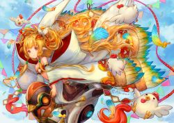 Rule 34 | 10s, 1girl, alonair, animal, animal ears, bare shoulders, bird, black thighhighs, blonde hair, chicken, chinese zodiac, detached sleeves, granblue fantasy, hair ornament, harvin, highres, long hair, looking at viewer, mahira (granblue fantasy), red eyes, rooster, smile, thighhighs, wide sleeves, year of the rooster