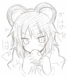 Rule 34 | 1girl, animal ears, eating, female focus, lock heart (juuryokudou), monochrome, mouse ears, nazrin, no nose, short hair, simple background, sketch, solo, touhou, white background