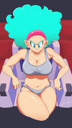 Rule 34 | 1girl, afro, artist name, blue eyes, blue hair, breasts, bulma, bulma redraw challenge (meme), chair, cleavage, collarbone, crossed legs, derivative work, dragon ball, dragonball z, ear piercing, female focus, grey panties, grey tank top, hairband, large breasts, navel, panties, piercing, red hairband, screenshot redraw, sethwijez, sitting, solo, tank top, thick thighs, thighs, underwear, wide hips