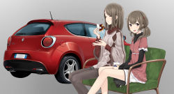 Rule 34 | 2girls, :d, ^ ^, alfa romeo, alfa romeo mito, argyle, argyle clothes, argyle sweater, black legwear, blouse, brown hair, car, closed eyes, collared shirt, couch, couzone, cup, doughnut, dress, drinking glass, drinking straw, eating, eyebrows, food, grey background, hair ornament, hairclip, highres, long sleeves, looking at viewer, motor vehicle, multiple girls, open mouth, original, pantyhose, shirt, short shorts, shorts, simple background, sitting, skirt, smile, sweater, tissue, vehicle