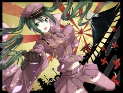 Rule 34 | 1girl, bad id, bad pixiv id, black gloves, gloves, green eyes, green hair, hat, hatsune miku, long hair, long sleeves, looking at viewer, matching hair/eyes, military, military uniform, navel, open mouth, pink thighhighs, pleated skirt, power lines, rin yuu, senbon-zakura (vocaloid), shirt, silhouette, skirt, smile, solo, thighhighs, torn, twintails, uniform, very long hair, vocaloid, wide sleeves, zettai ryouiki