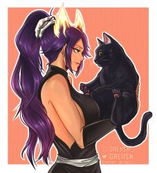 Rule 34 | 1girl, bleach, breasts, cat, highres, large breasts, long hair, ponytail, purple hair, shihouin yoruichi