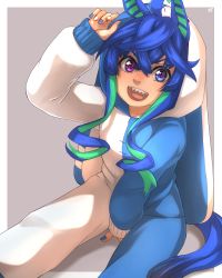 Rule 34 | 1girl, :d, @ @, ahoge, animal ears, blue eyes, blue hair, blue nails, commentary request, cosplay, crossed bangs, ear covers, green hair, grey background, hair between eyes, heterochromia, highres, horse ears, horse girl, horse tail, kigurumi, long hair, long sleeves, looking at viewer, multicolored hair, multicolored nails, nail polish, open mouth, purple eyes, sharp teeth, sidelocks, simple background, sitting, sleeves past wrists, smile, solo, tail, teeth, thin (suzuneya), tongue, twin turbo (umamusume), two-tone hair, umamusume, white nails